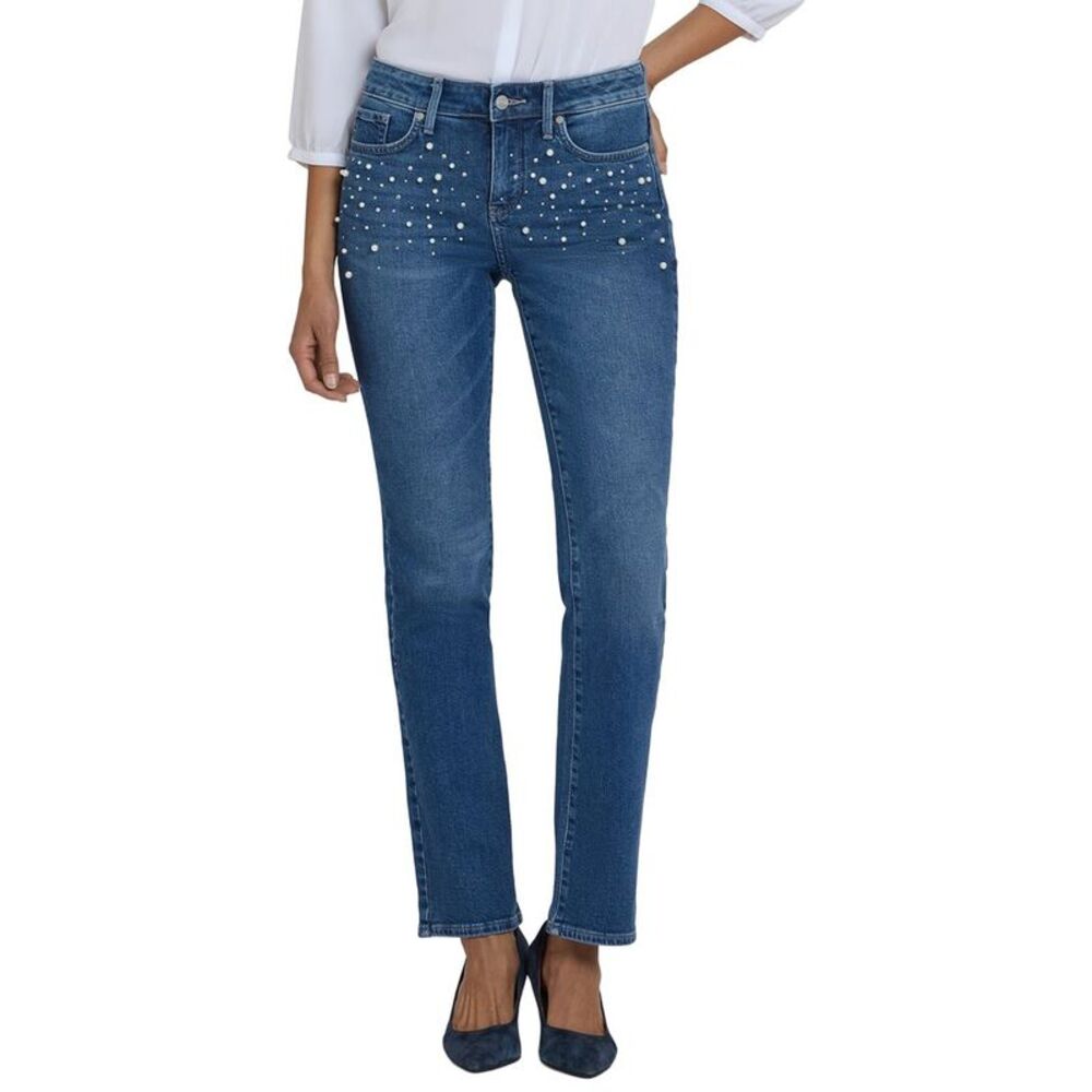 Nydj Womens  Petite Marilyn Lake Notre-Dame Straight Leg Jean, Blue